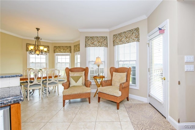 sitting room with light tile patterned floors, crown molding, and a chandelier