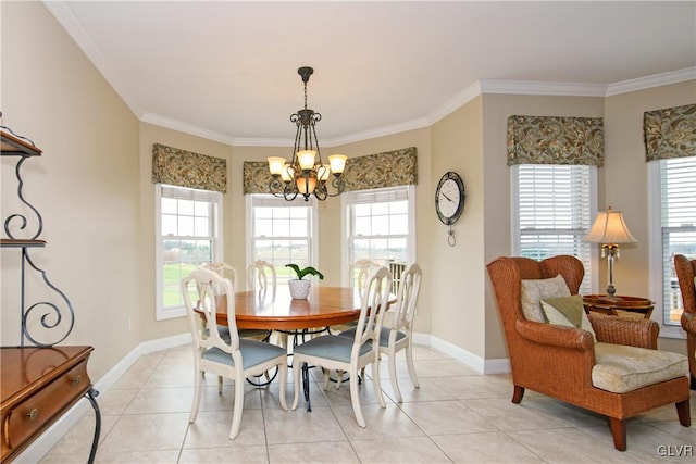 dining area with crown molding, light tile patterned floors, and a chandelier