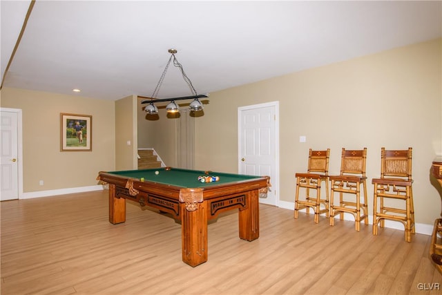 game room featuring light hardwood / wood-style flooring and billiards