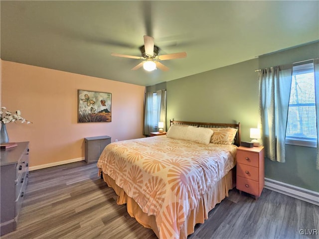 bedroom featuring a baseboard radiator, ceiling fan, and dark hardwood / wood-style flooring