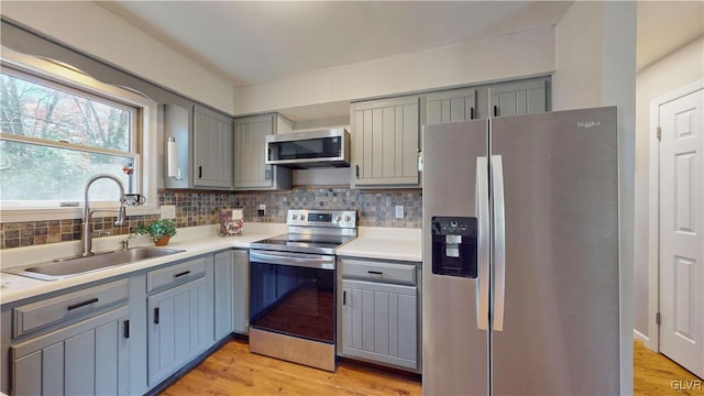 kitchen featuring sink, stainless steel appliances, light wood-type flooring, and tasteful backsplash