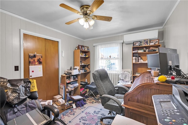 office space featuring crown molding, a wall mounted AC, and ceiling fan