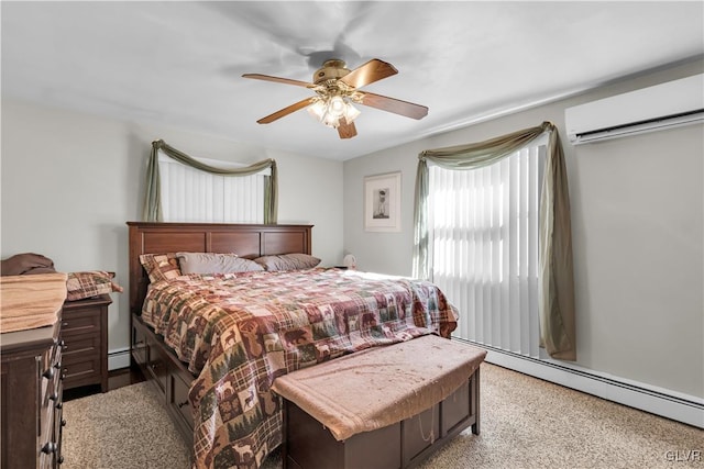 bedroom featuring light carpet, a wall mounted AC, a baseboard heating unit, and ceiling fan