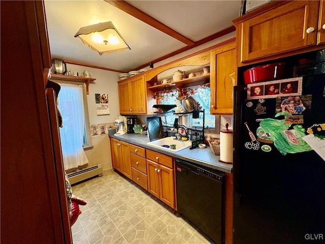 kitchen with black appliances, sink, crown molding, and baseboard heating