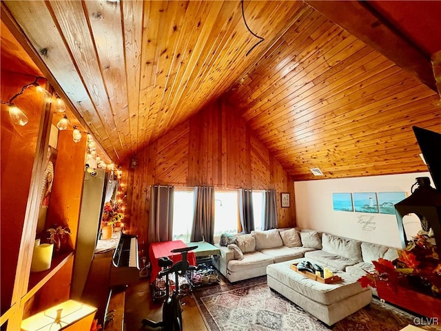 living room with wooden walls, high vaulted ceiling, wood ceiling, and hardwood / wood-style flooring