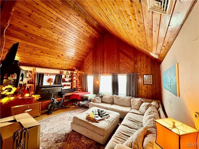 living room with wooden ceiling, high vaulted ceiling, wood-type flooring, and wood walls