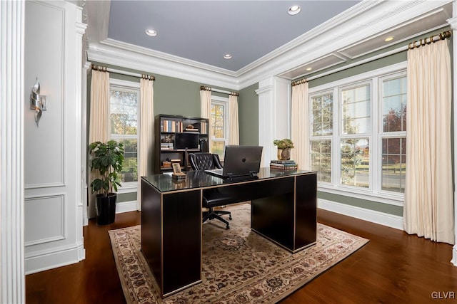 office with crown molding and dark wood-type flooring