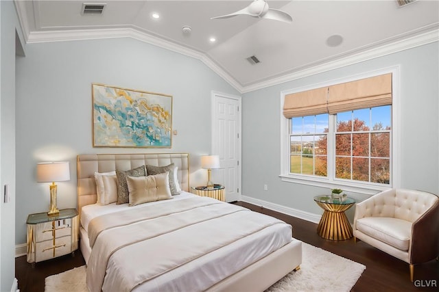 bedroom featuring ornamental molding, ceiling fan, dark wood-type flooring, and vaulted ceiling