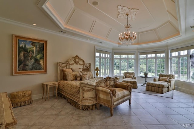 bedroom with light tile patterned floors, crown molding, a tray ceiling, and an inviting chandelier