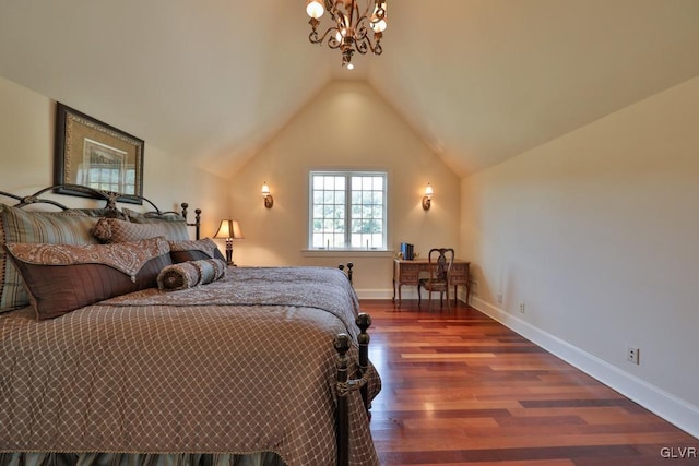 bedroom with vaulted ceiling, wood-type flooring, and a chandelier