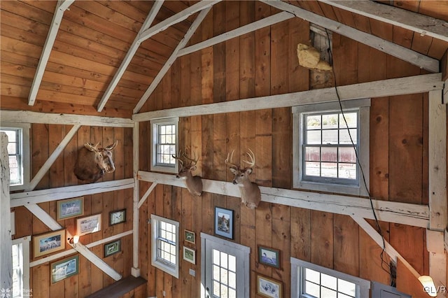 room details featuring wood ceiling, beamed ceiling, and wooden walls