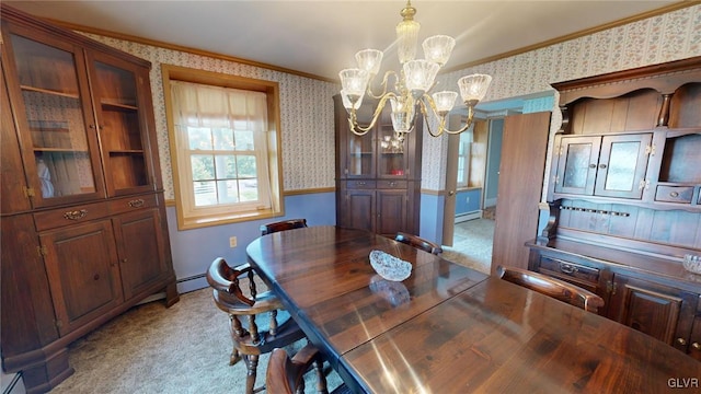 carpeted dining area featuring crown molding, a baseboard radiator, and a chandelier