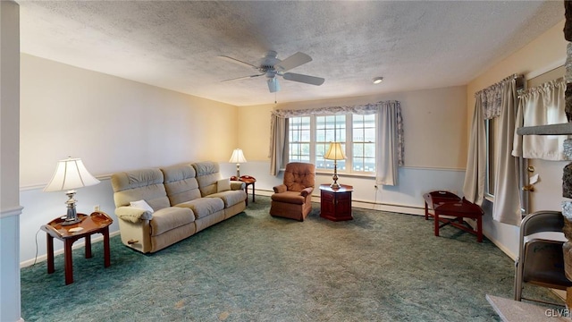 carpeted living room with a baseboard radiator, a textured ceiling, and ceiling fan