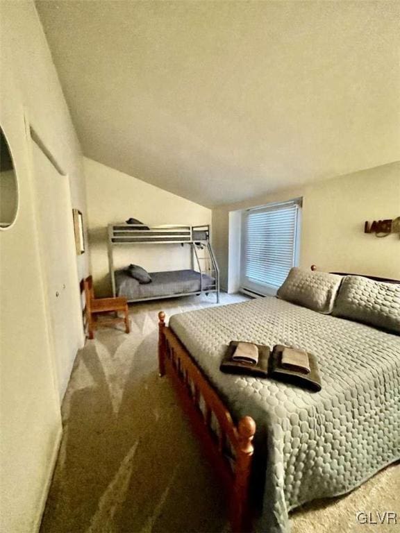 bedroom featuring lofted ceiling and carpet flooring