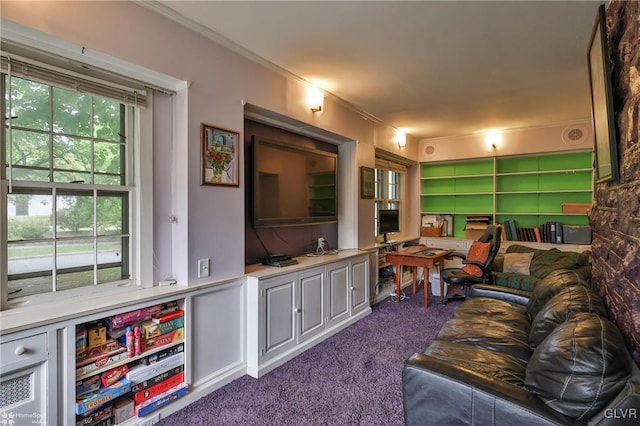 carpeted living room featuring crown molding