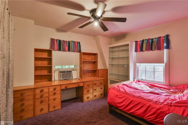 carpeted bedroom with cooling unit and ceiling fan