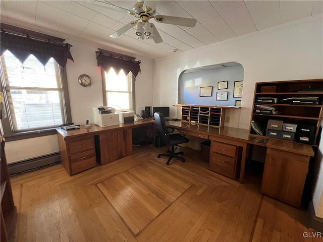 162 S Union St, Easton, PA 18042 - home office featuring a baseboard heating unit, ceiling fan, ornamental molding, and arched walkways