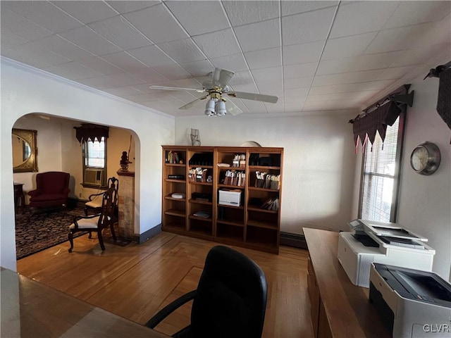 162 S Union St, Easton, PA 18042 - office featuring arched walkways, a ceiling fan, wood finished floors, crown molding, and cooling unit