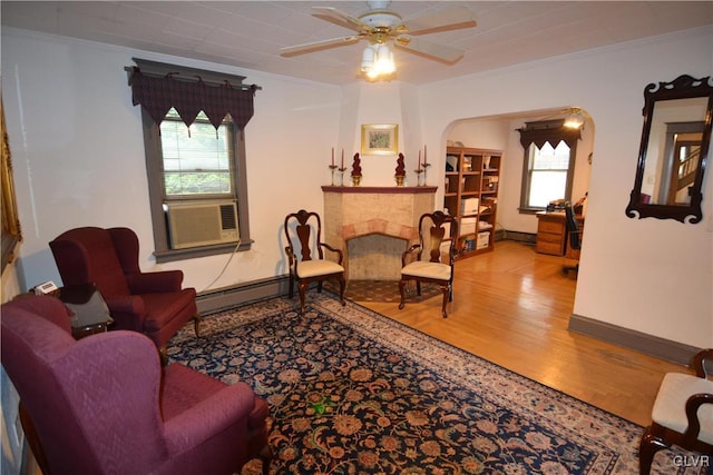 162 S Union St, Easton, PA 18042 - sitting room featuring a baseboard radiator, crown molding, wood finished floors, cooling unit, and plenty of natural light