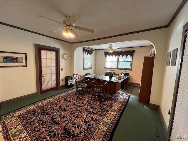 162 S Union St, Easton, PA 18042 - dining area with arched walkways, baseboard heating, ornamental molding, ceiling fan, and tile patterned floors