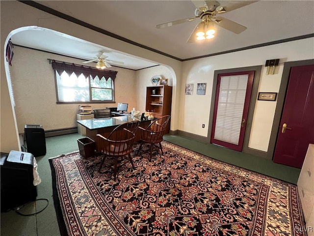 162 S Union St, Easton, PA 18042 - office area featuring ceiling fan, arched walkways, a baseboard heating unit, and ornamental molding