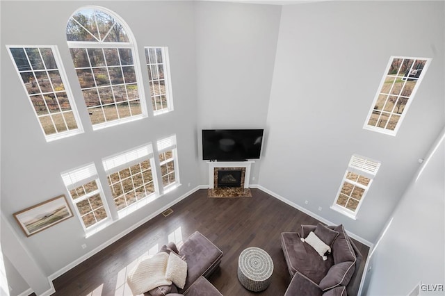 unfurnished living room with a high ceiling, dark hardwood / wood-style floors, and plenty of natural light