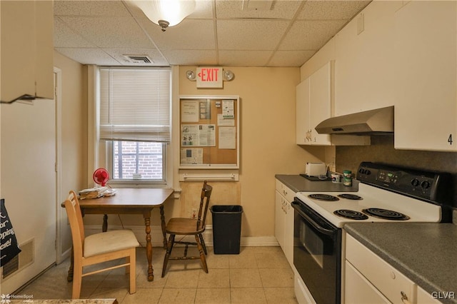 kitchen with ventilation hood, white cabinetry, a paneled ceiling, light tile patterned floors, and white electric range