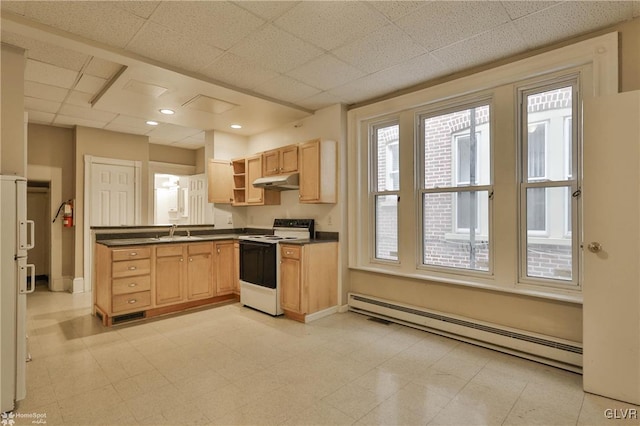 kitchen featuring light brown cabinetry, sink, a drop ceiling, white electric range, and baseboard heating