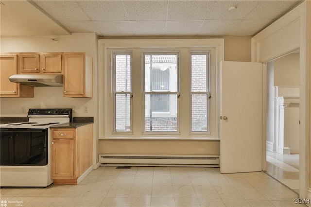 kitchen with light brown cabinetry, a baseboard radiator, a drop ceiling, and white electric range oven