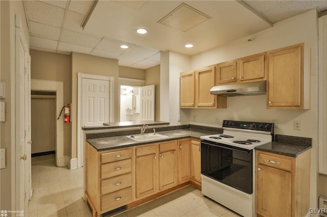 22 S 13th St, Allentown City, PA 18102 - kitchen featuring white electric range, under cabinet range hood, a sink, dark countertops, and a peninsula