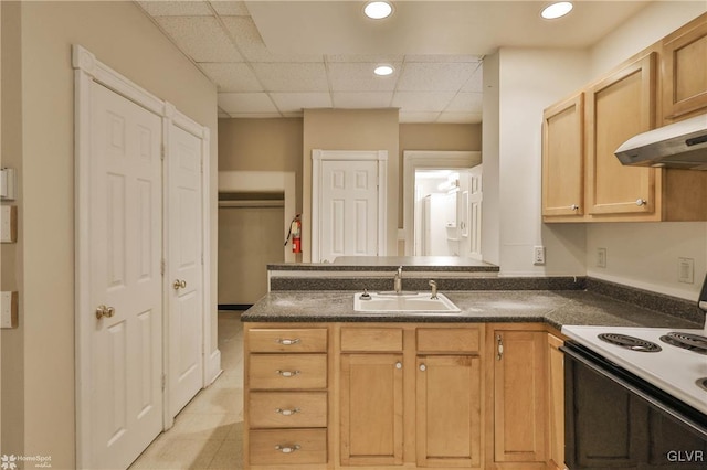 kitchen with a drop ceiling, sink, and white electric stove