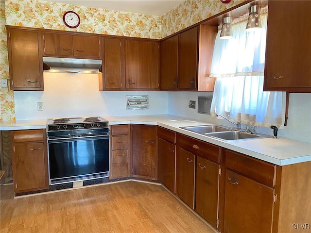 kitchen featuring sink, light hardwood / wood-style flooring, decorative light fixtures, and electric stove