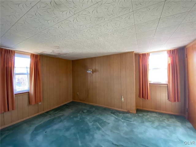 carpeted spare room with a wealth of natural light and wooden walls