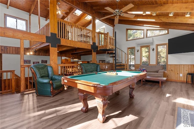 recreation room featuring ceiling fan, billiards, wood-type flooring, wood ceiling, and high vaulted ceiling