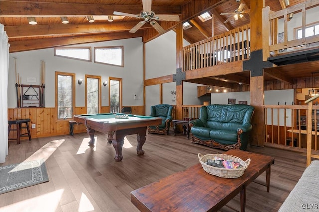 rec room with high vaulted ceiling, wood-type flooring, wood ceiling, and pool table