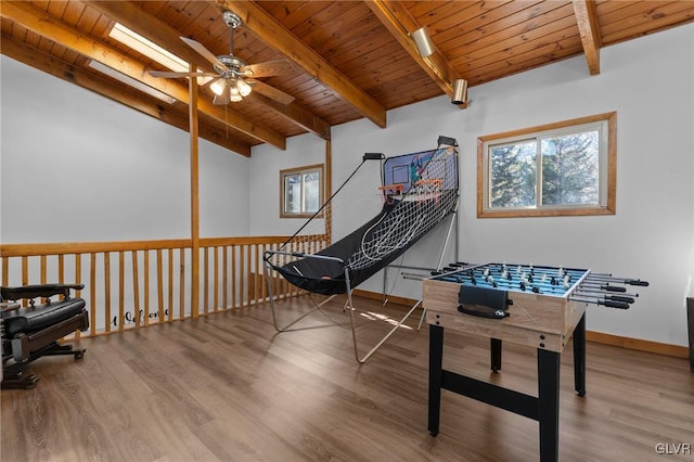 recreation room featuring ceiling fan, hardwood / wood-style floors, lofted ceiling with beams, and wooden ceiling