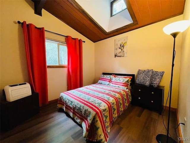 bedroom featuring lofted ceiling, dark hardwood / wood-style flooring, and wood ceiling