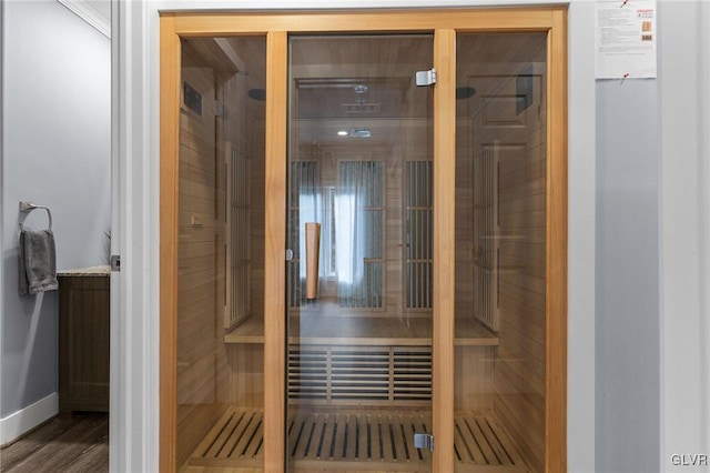 view of sauna with hardwood / wood-style flooring