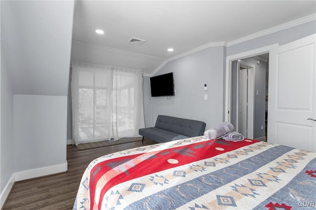 bedroom with crown molding, dark hardwood / wood-style floors, and lofted ceiling