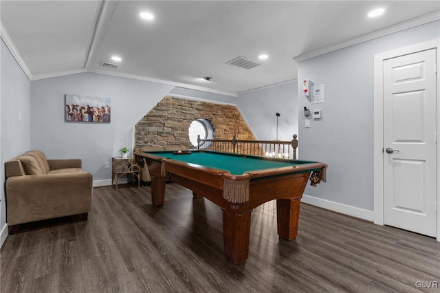 playroom with billiards, dark hardwood / wood-style floors, ornamental molding, and vaulted ceiling