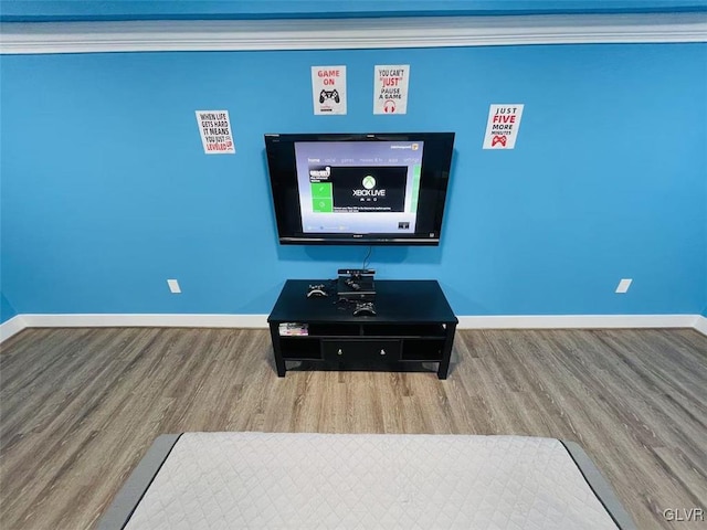 living room featuring wood-type flooring and crown molding