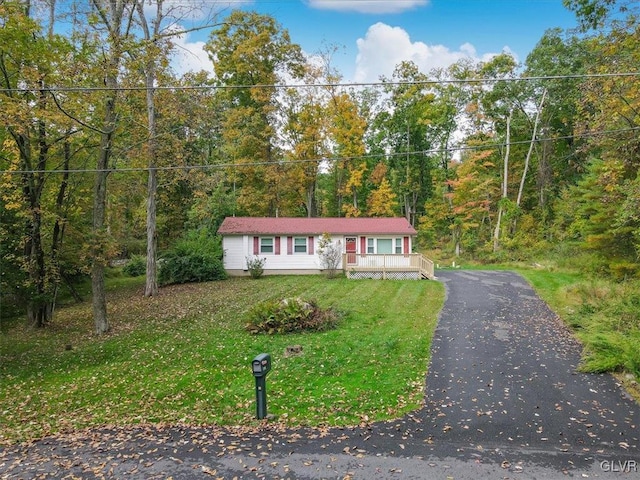 view of front of property with a view of trees and a front yard