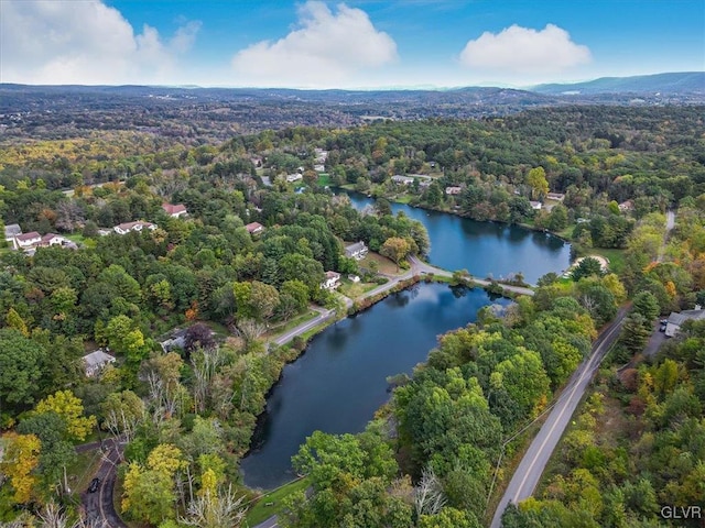 birds eye view of property featuring a water view and a wooded view