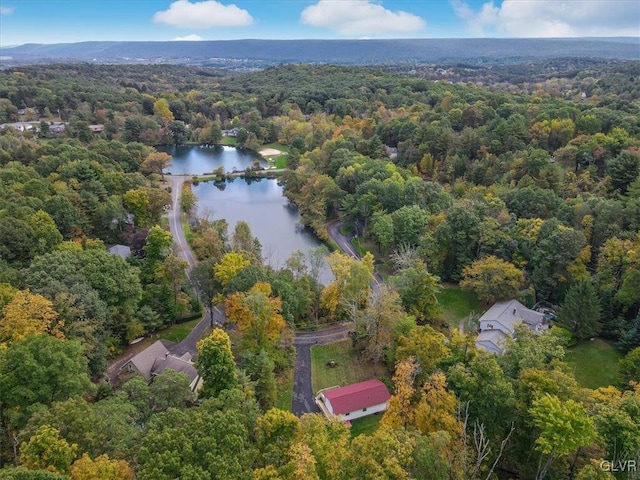 drone / aerial view featuring a wooded view and a water view