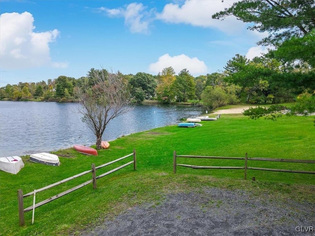 surrounding community with a yard and a water view