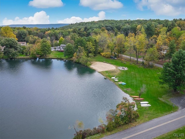 drone / aerial view with a forest view and a water view