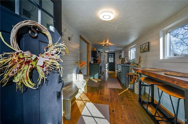 hall featuring sink, a textured ceiling, dark hardwood / wood-style floors, and wooden walls