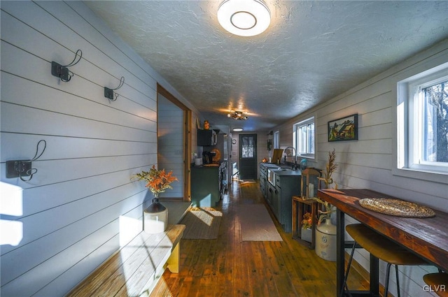 hallway featuring dark hardwood / wood-style floors and wooden walls