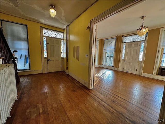 foyer entrance featuring a wealth of natural light, radiator heating unit, and dark hardwood / wood-style flooring