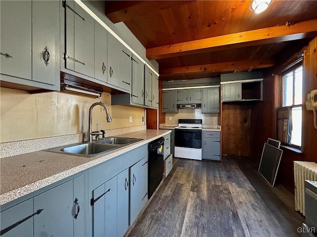 kitchen featuring dark wood-type flooring, sink, dishwasher, beamed ceiling, and white electric range